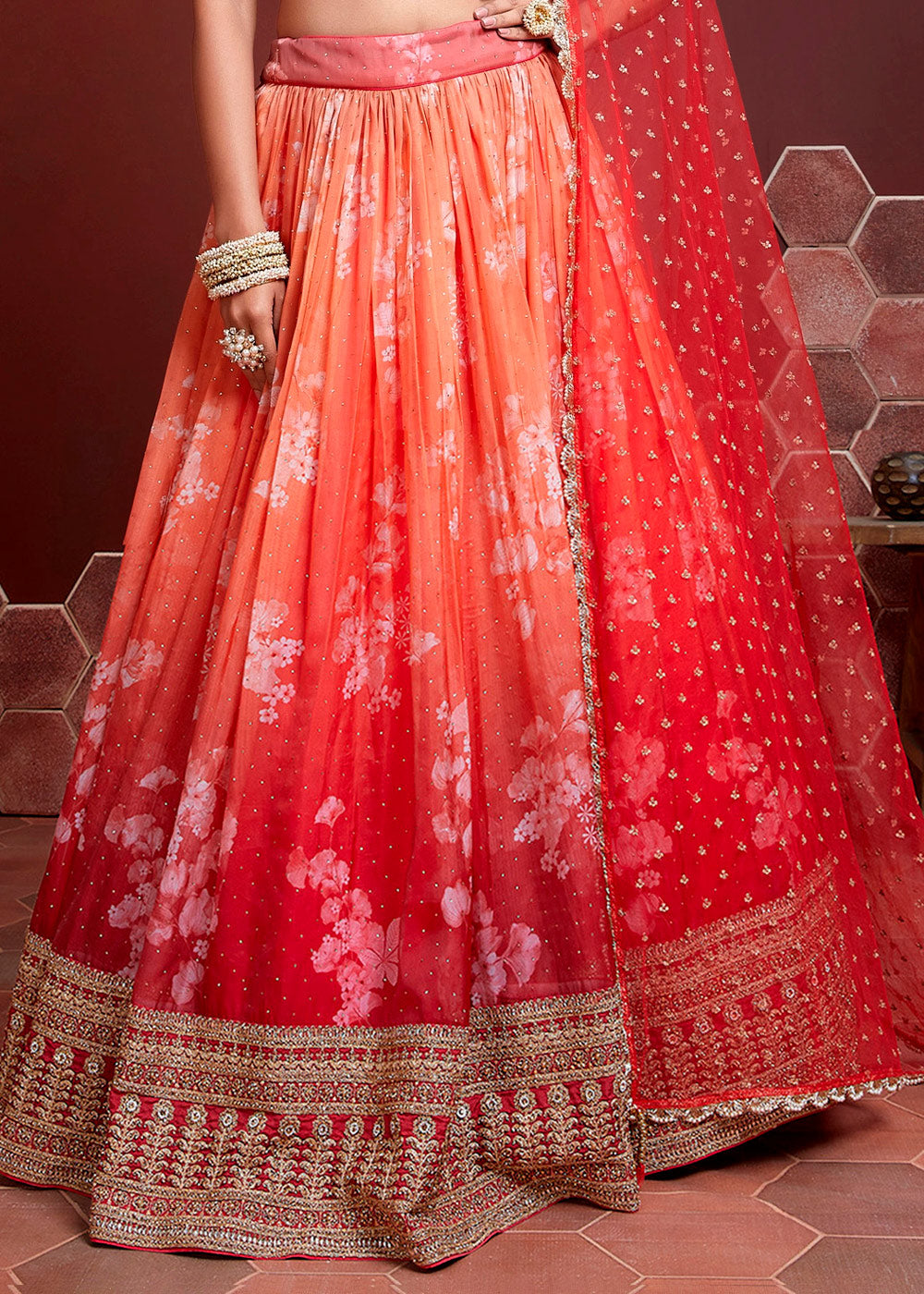 Shades Of Red Floral Printed Organza Silk Lehenga Choli with Swarovski & Mirror work | Ready To Wear - qivii