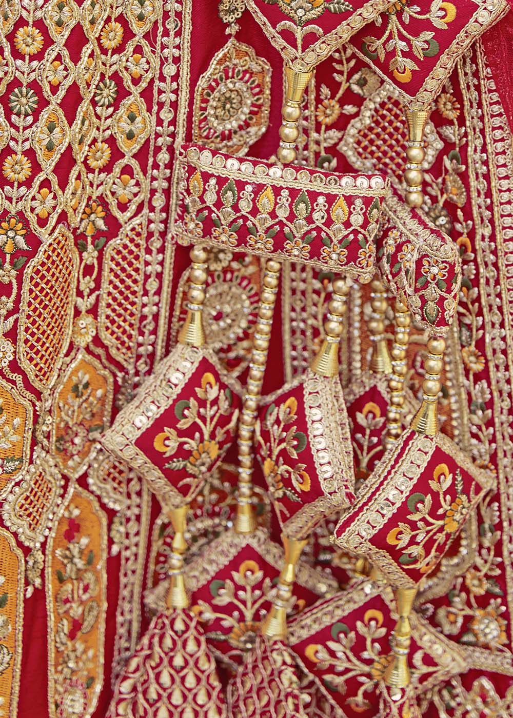 Apple Red Banarasi Silk Lehenga Choli with Jarkan, Cutdana and Hand Embroidery work:Bridal Edition | Ready To Wear - qivii