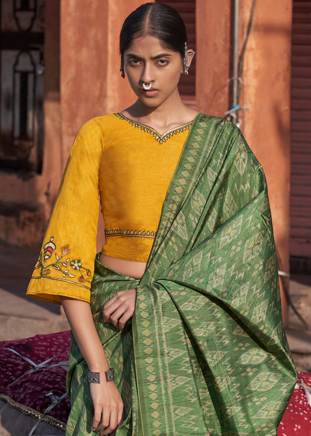 Sea Green Ikkat Silk Jaipuri Saree with Embroidery Designer Blouse