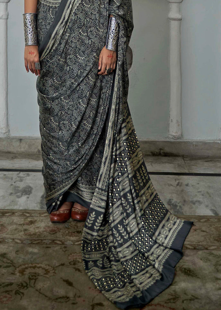 Slate Black Gajji Silk Saree with Embroidery Blouse