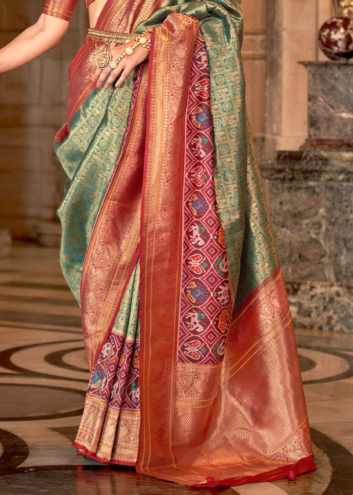 Green & Red Zari Woven Jacquard Banarasi Silk Saree