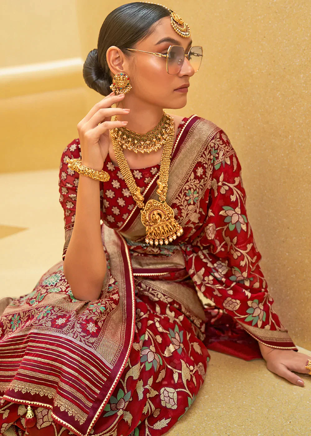 Maroon Red Zari Woven Brasso Organza Silk Saree - qivii