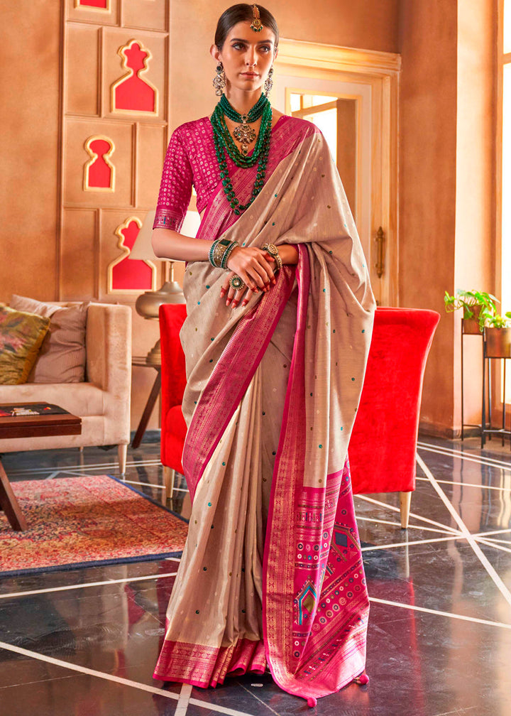 Beige brown Patola silk saree with intricate Sambhal Puri print