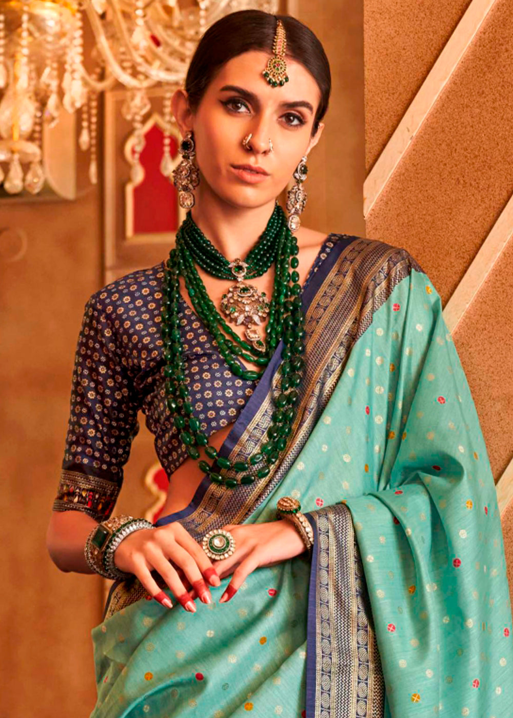 Traditional Indian Saree in Green and Blue with Intricate Sambhal Puri Print