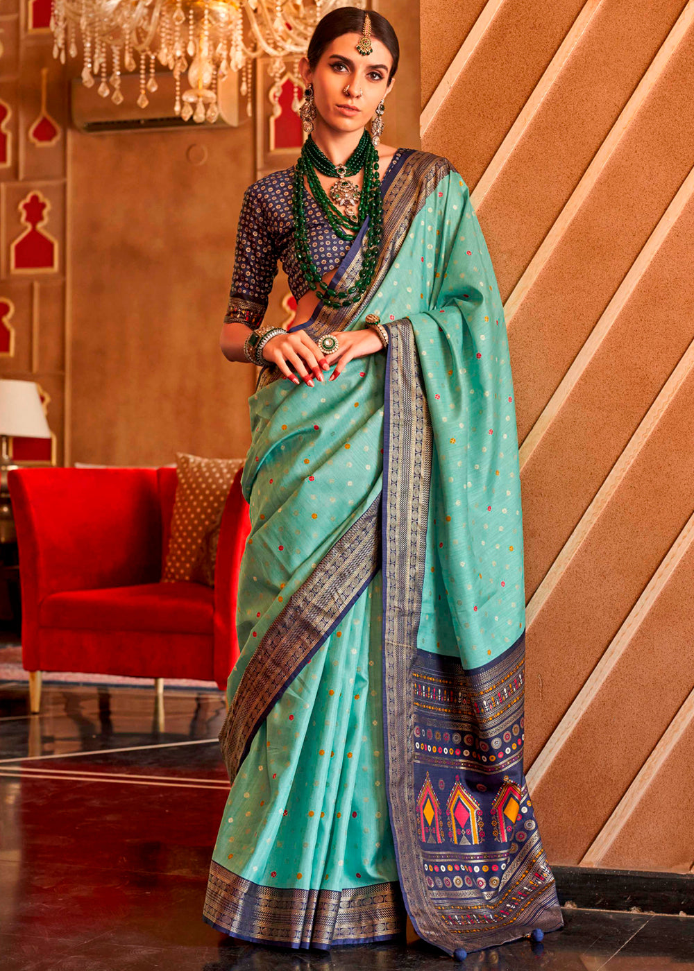 Green & Blue Patola Silk Saree with Sambhal Puri Print - qivii