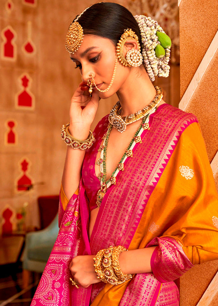 Elegant and vibrant mustard yellow silk saree with intricate Sambhal Puri design