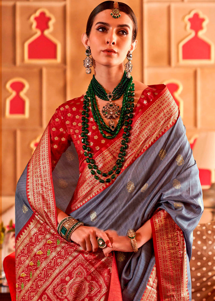 Pewter Grey Patola Silk Saree with Sambhal Puri Print, a traditional Indian attire with intricate pattern and elegant grey color