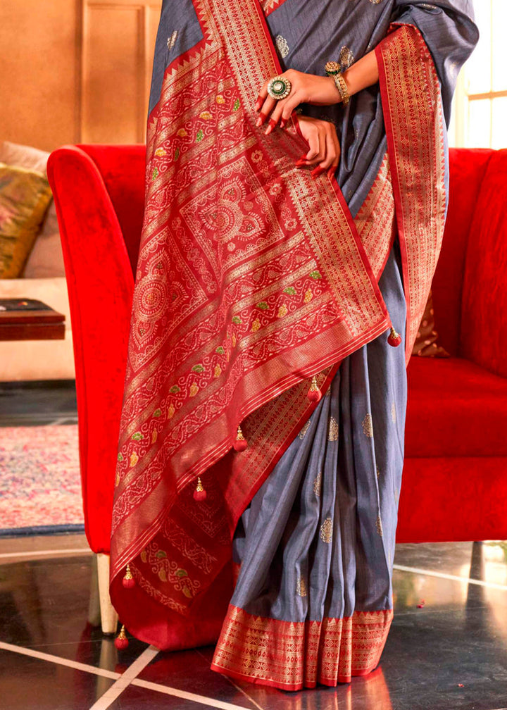 Pewter Grey Patola Silk Saree with Sambhal Puri Print, traditional Indian attire