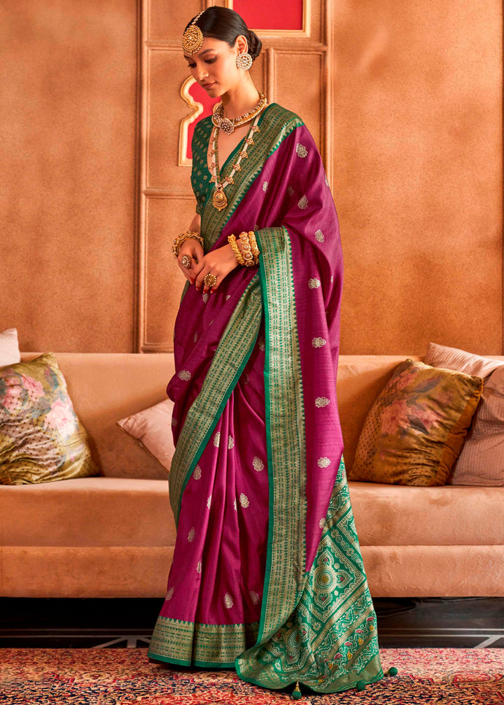 Jam Purple Patola Silk Saree with Sambhal Puri Print in traditional Indian design and vibrant colors