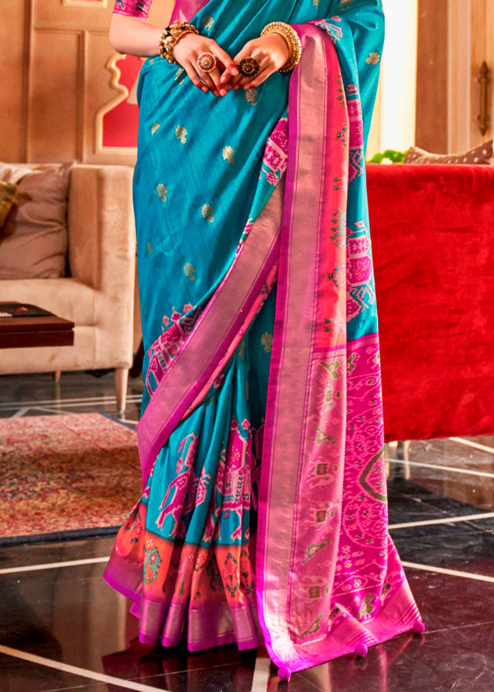 Exquisite cerulean blue saree featuring authentic sambhal puri print