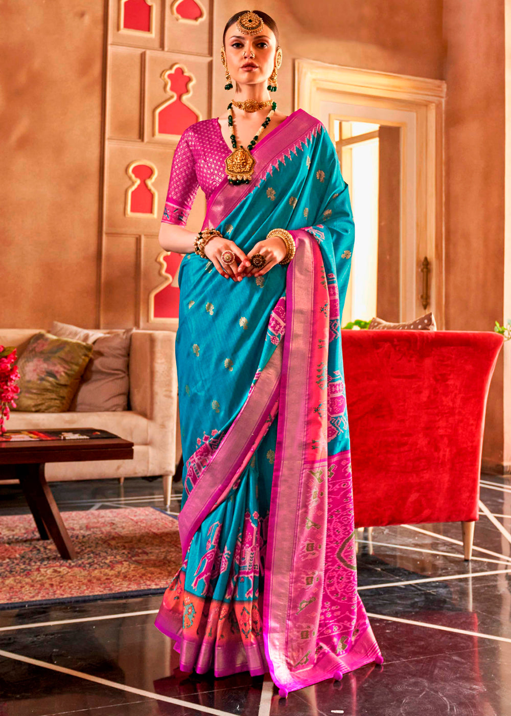 Cerulean Blue Patola Silk Saree with Sambhal Puri Print - qivii