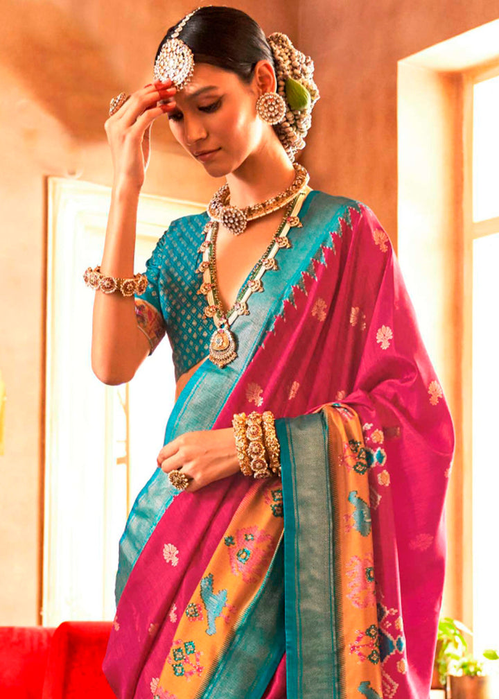 Beautiful and elegant Magenta Silk Sambhal Puri Saree with intricate designs