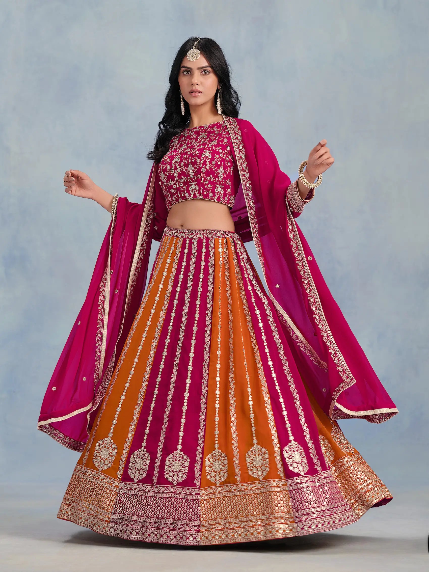 Dark Pink-Orange Georgette Thread & Sequins Embroidery Lehenga Choli - qivii