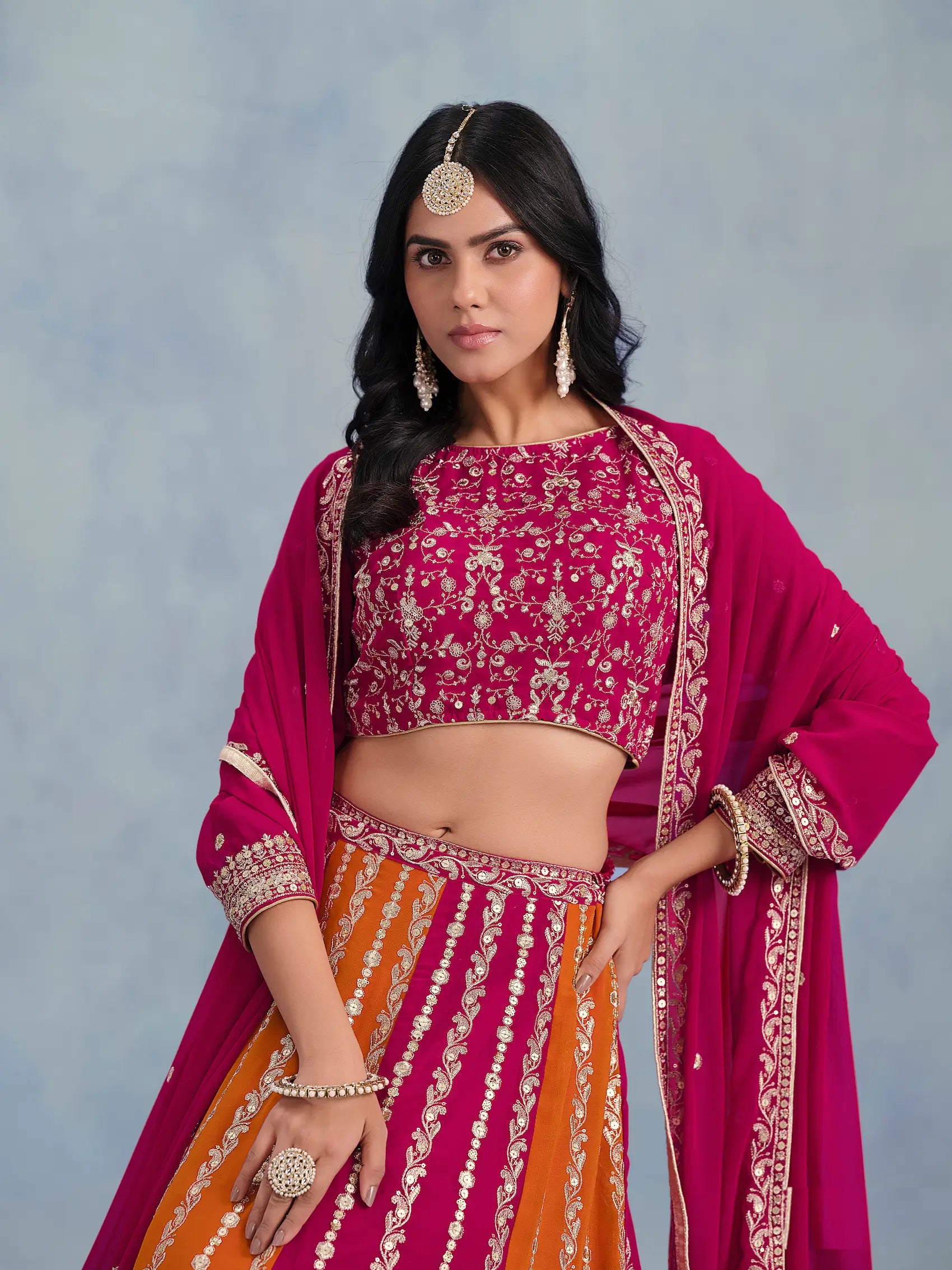 Dark Pink-Orange Georgette Thread & Sequins Embroidery Lehenga Choli - qivii