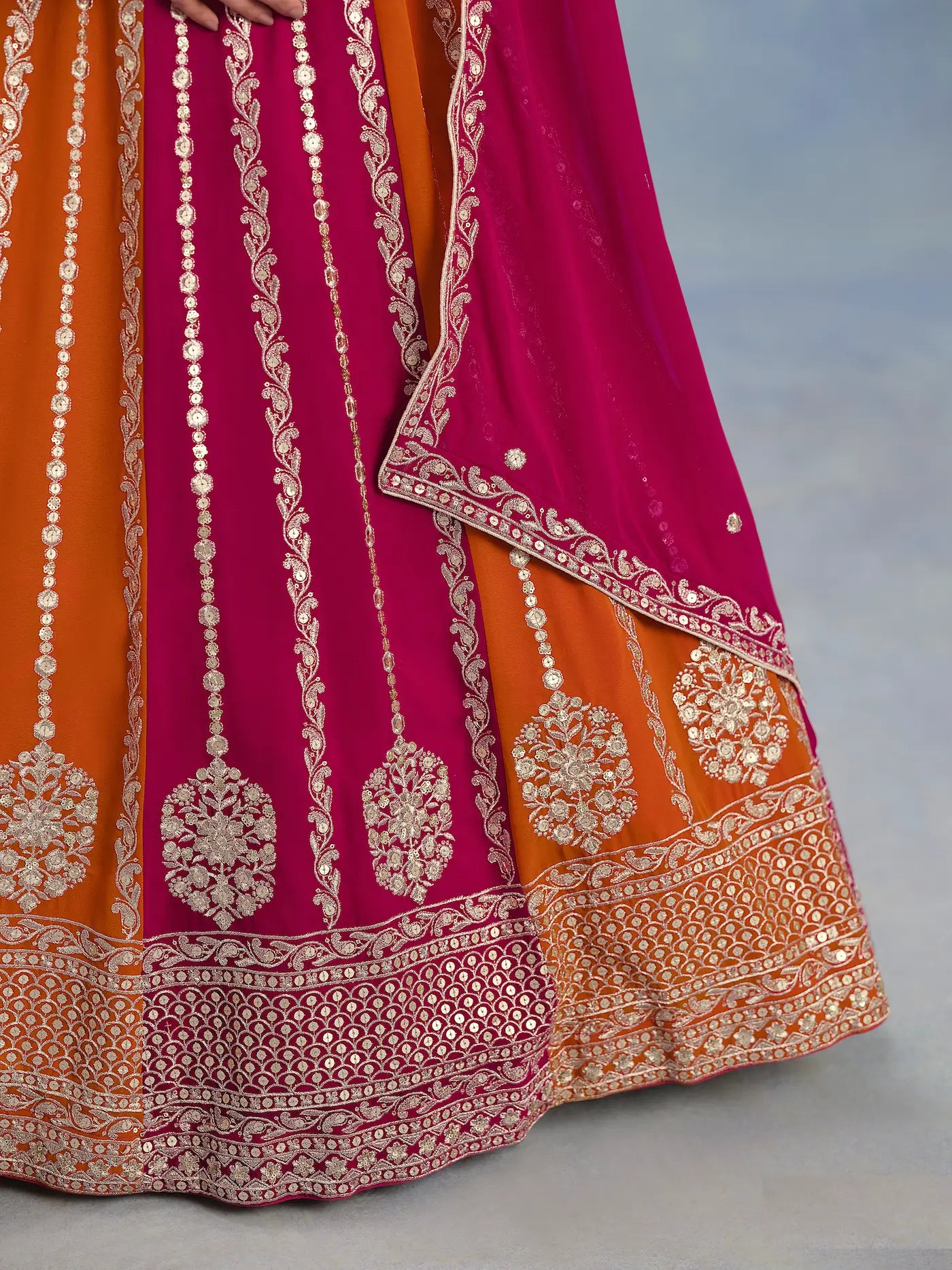 Dark Pink-Orange Georgette Thread & Sequins Embroidery Lehenga Choli - qivii