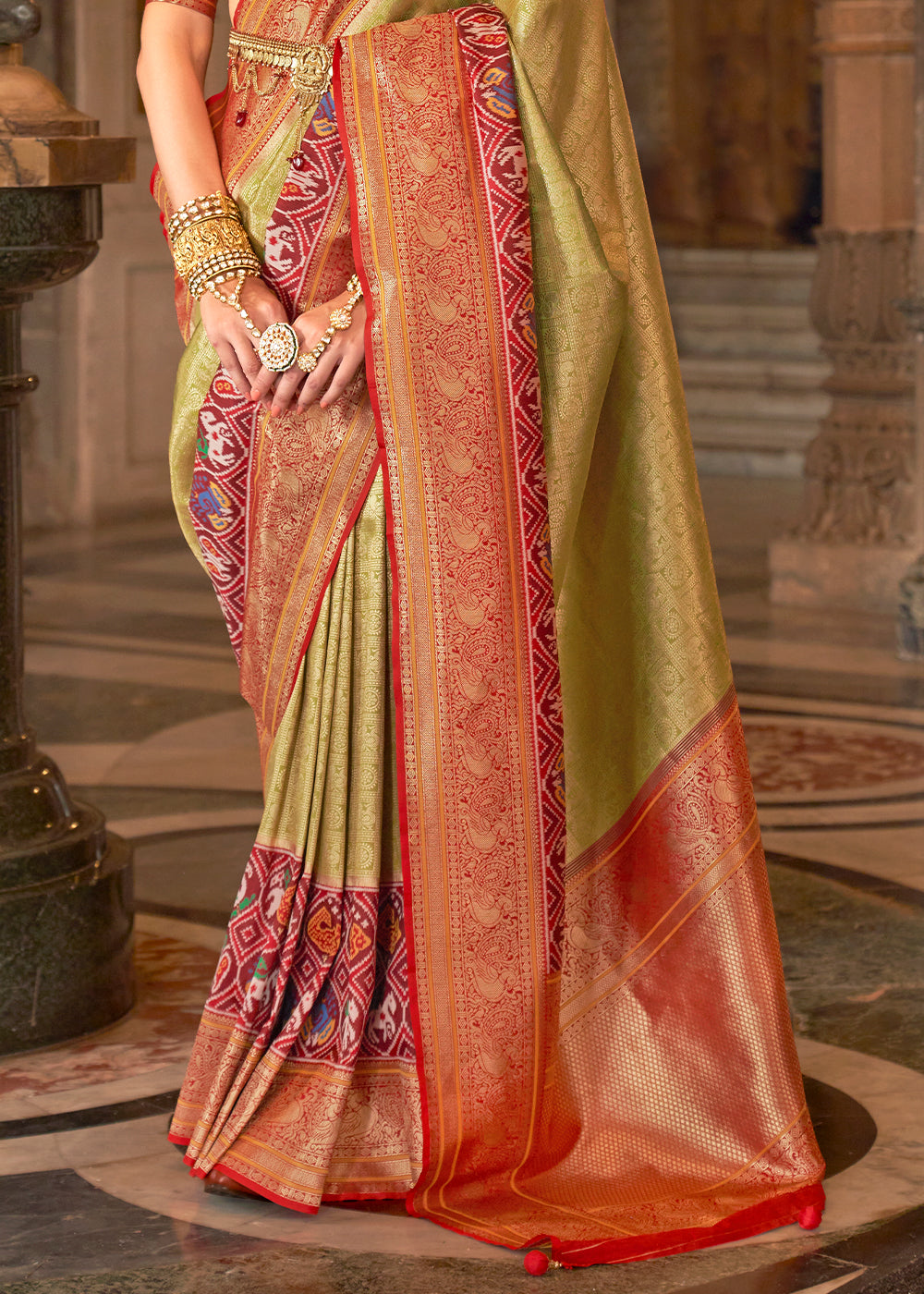 Light Pear Green Zari Woven Jacquard Banarasi Silk Saree