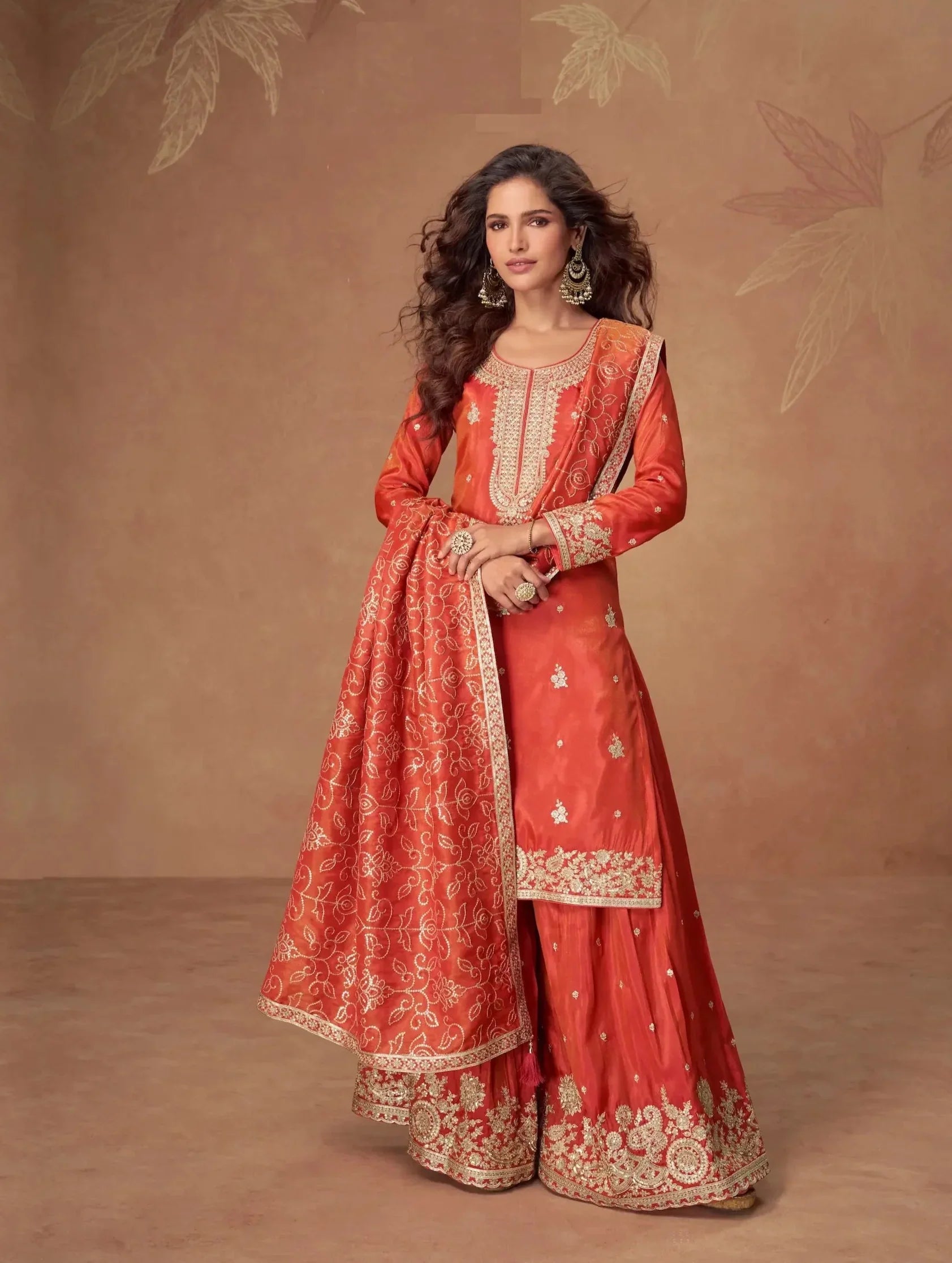 Orange Shimmer Silk Embroidery Work Palazzo Suit - qivii