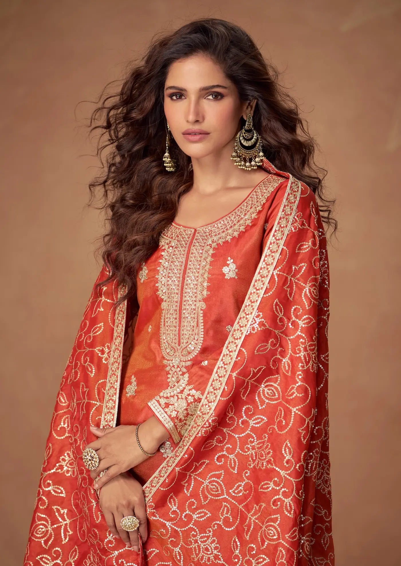 Orange Shimmer Silk Embroidery Work Palazzo Suit - qivii