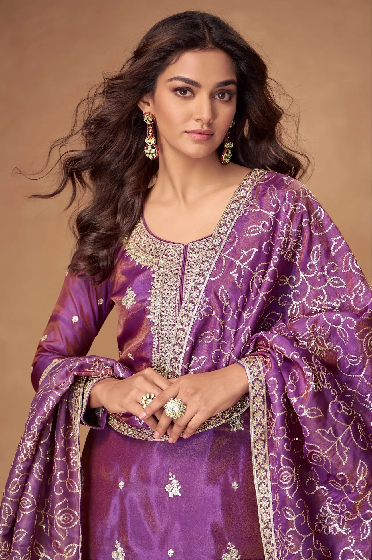 Plum Purple Shimmer Silk Embroidery Work Palazzo Suit - qivii