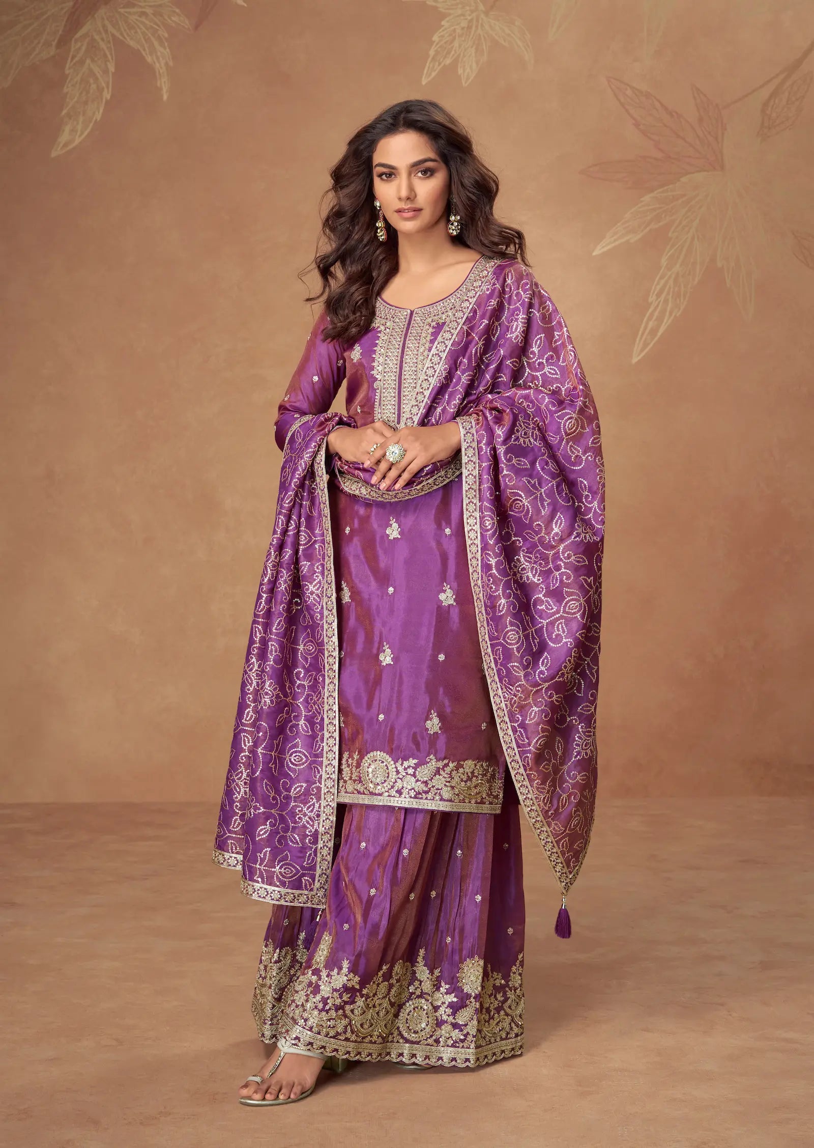 Plum Purple Shimmer Silk Embroidery Work Palazzo Suit - qivii