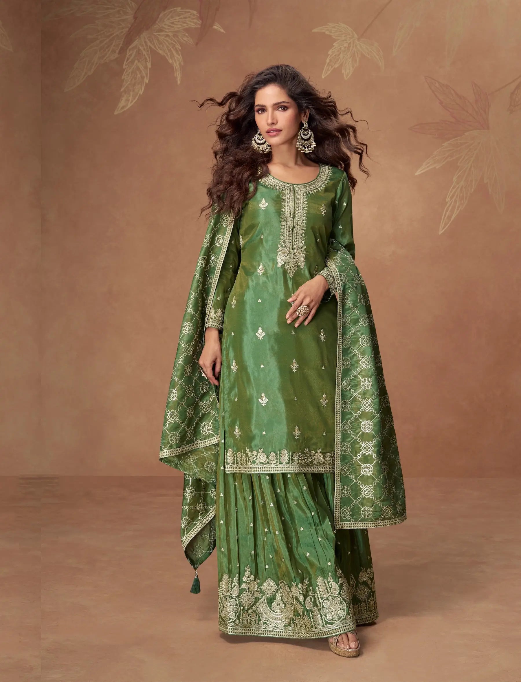 Hazel Green Shimmer Silk Embroidery Work Palazzo Suit - qivii