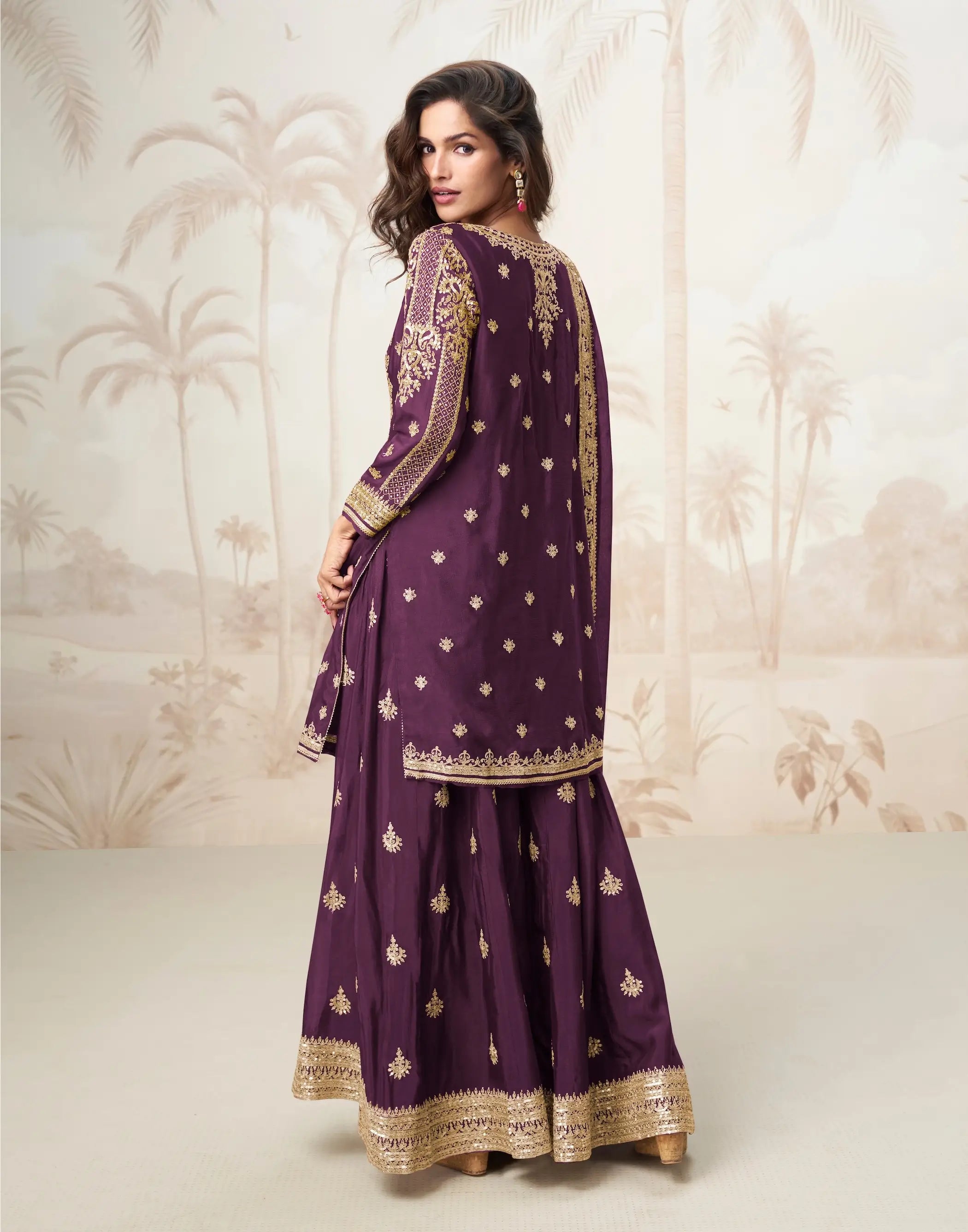 Wine Berry Chinon Silk Embroidery Work Salwar Suit - qivii