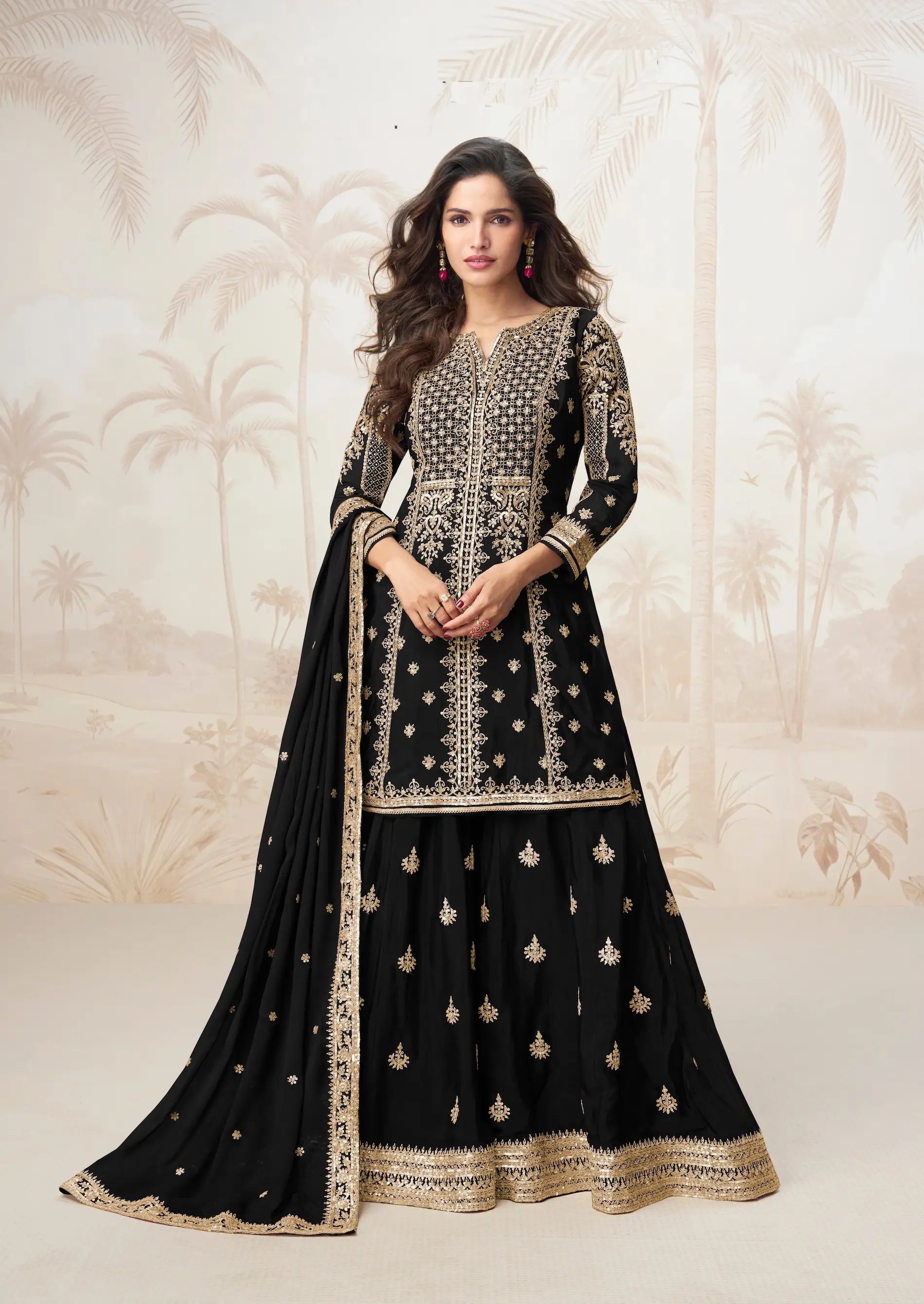 Black Chinon Silk Embroidery Work Salwar Suit - qivii