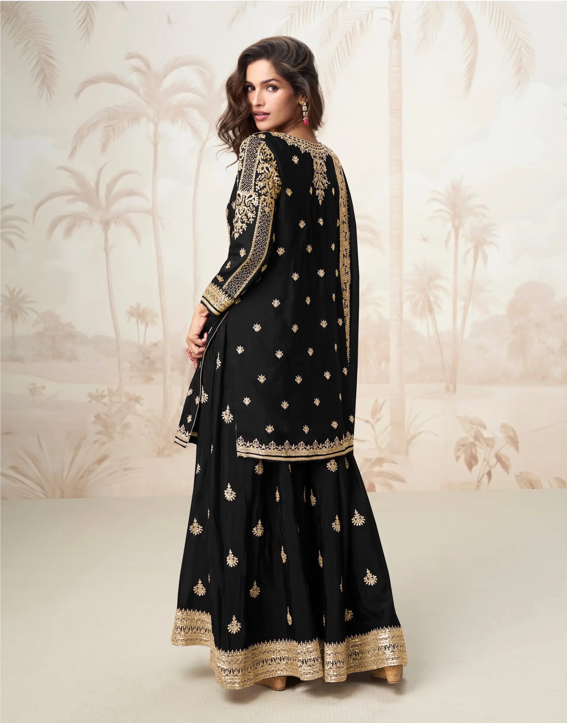 Black Chinon Silk Embroidery Work Salwar Suit - qivii