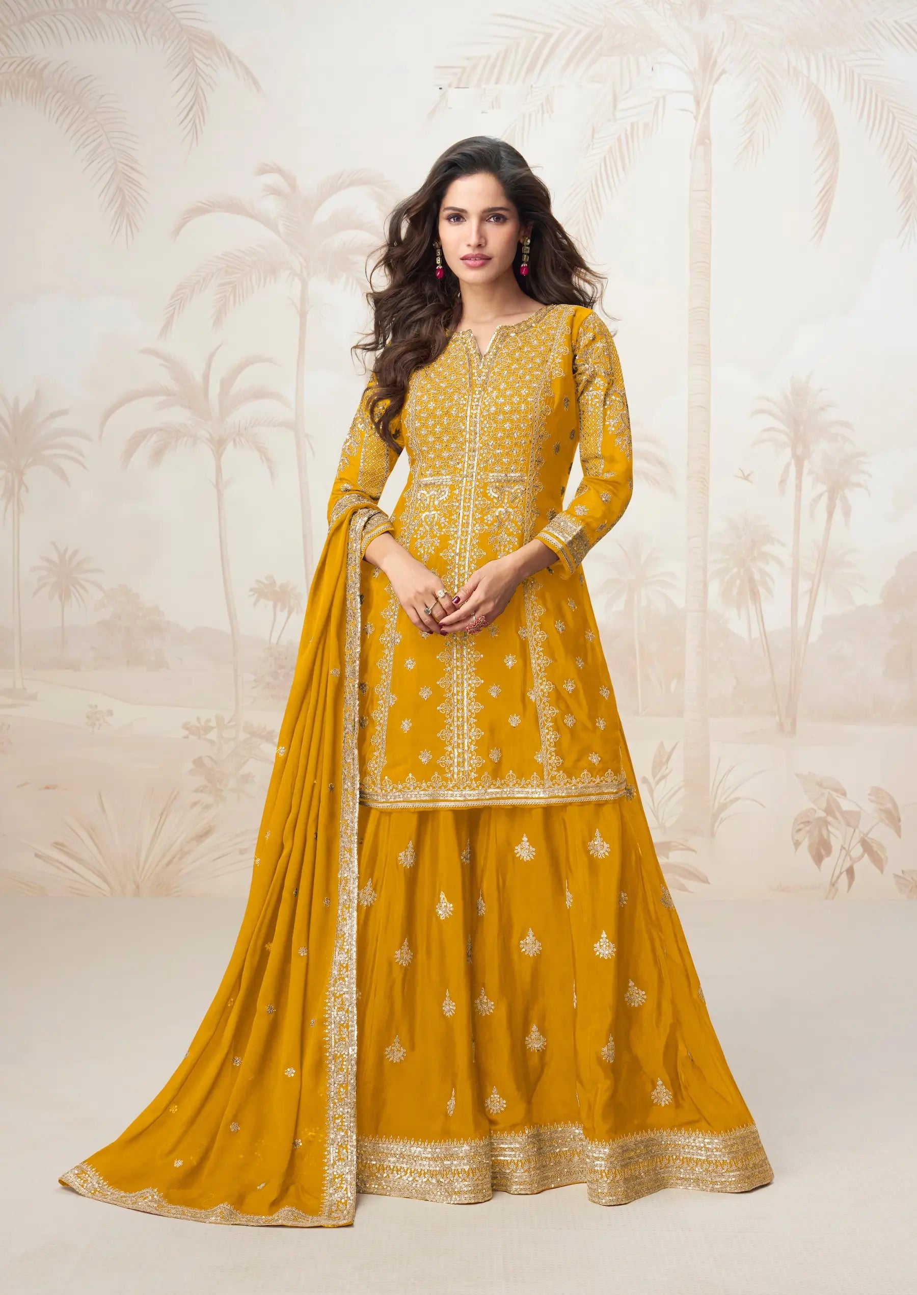 Golden Yellow Chinon Silk Embroidery Work Salwar Suit - qivii