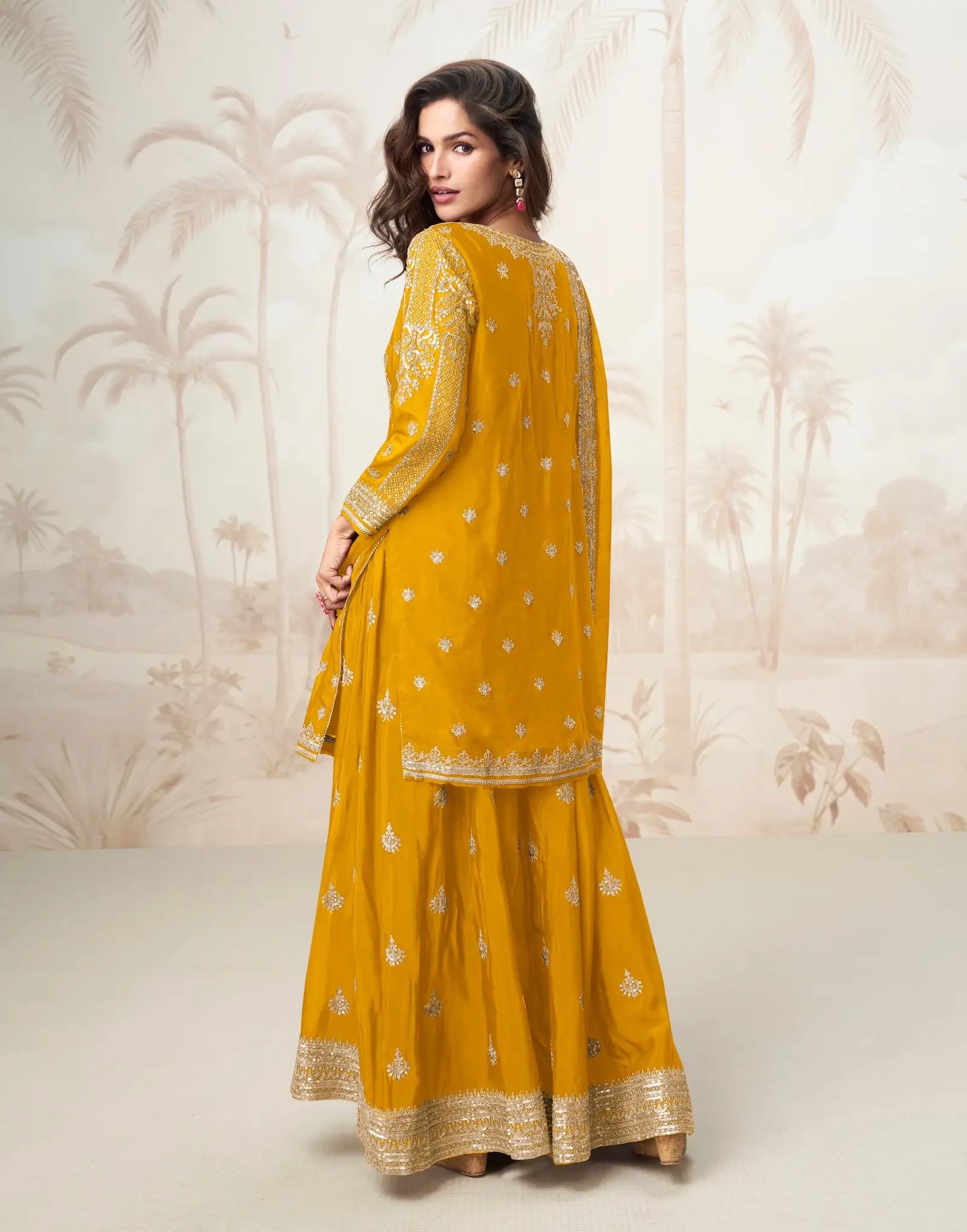Golden Yellow Chinon Silk Embroidery Work Salwar Suit - qivii