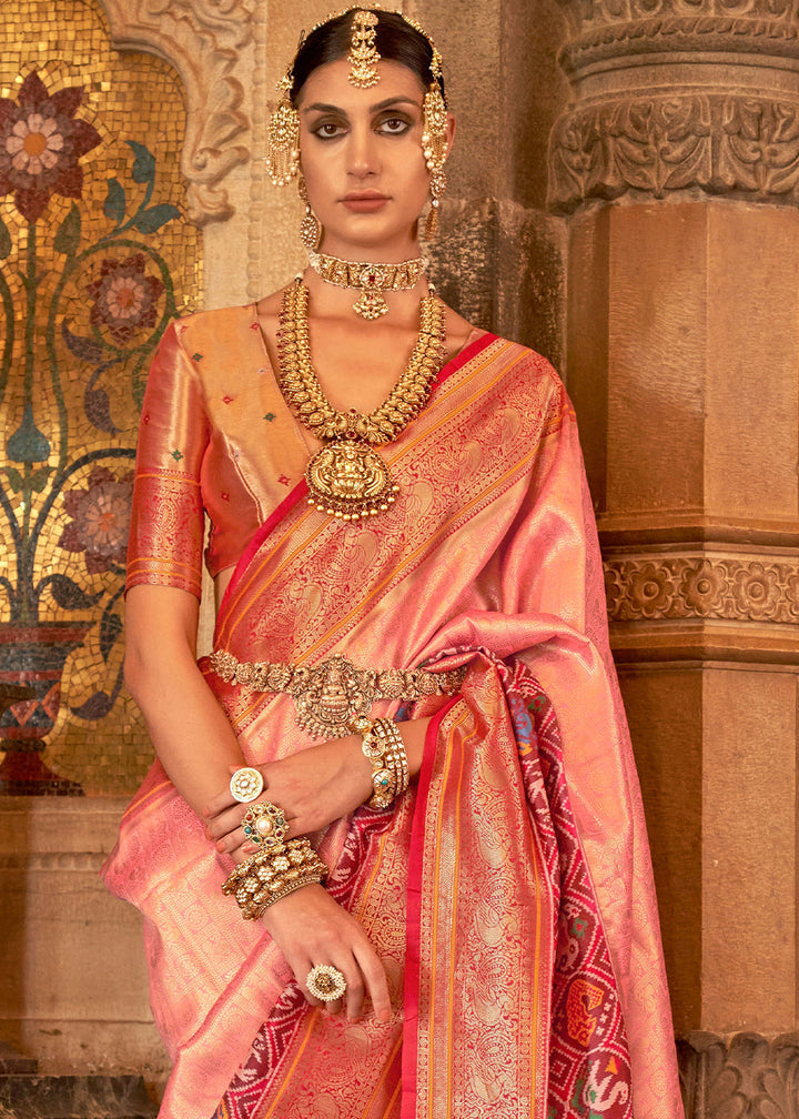 Pink & Red Zari Woven Jacquard Banarasi Silk Saree