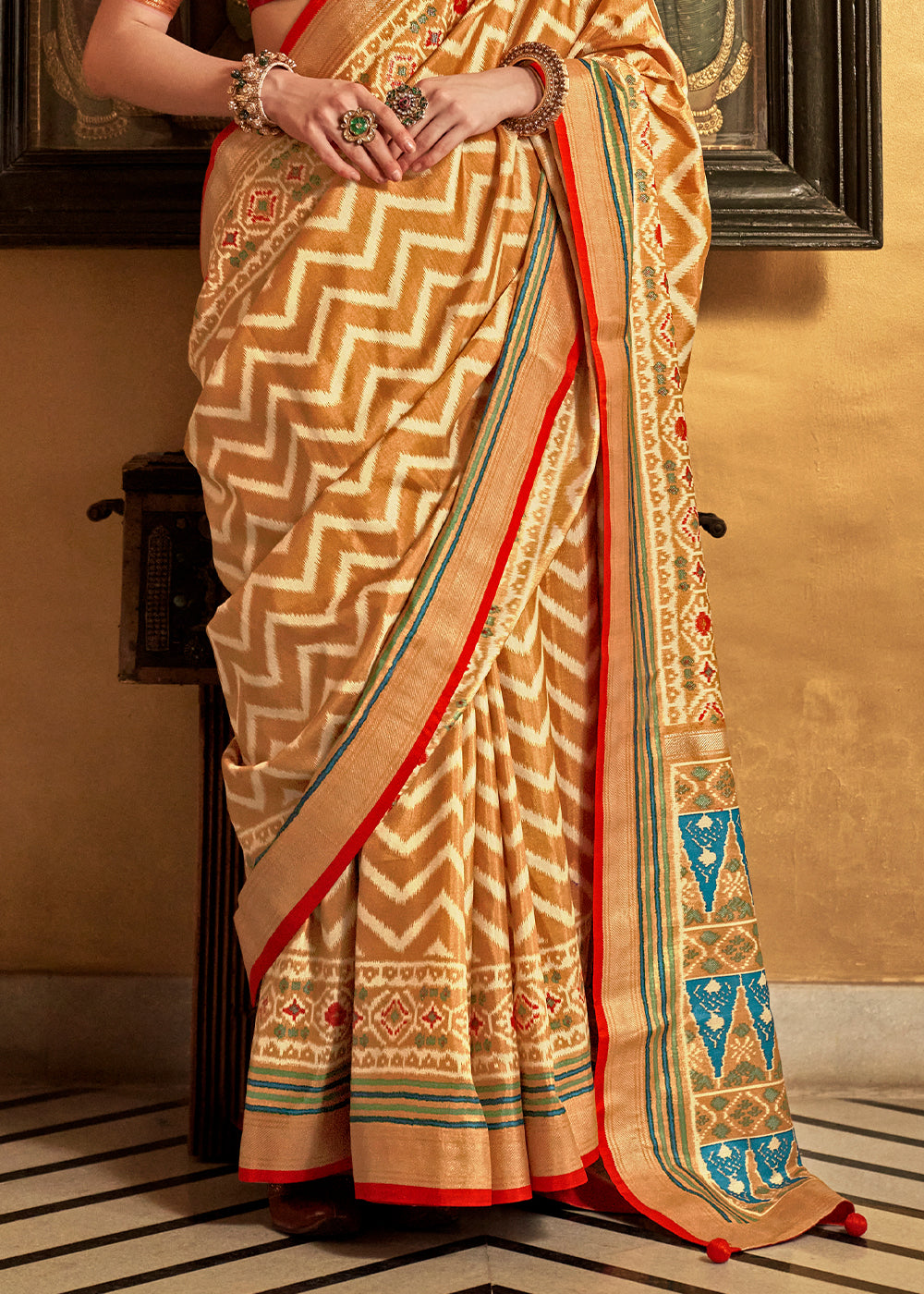 Exquisite Shades Of Brown Patola Printed Silk Saree with Contrast Blouse