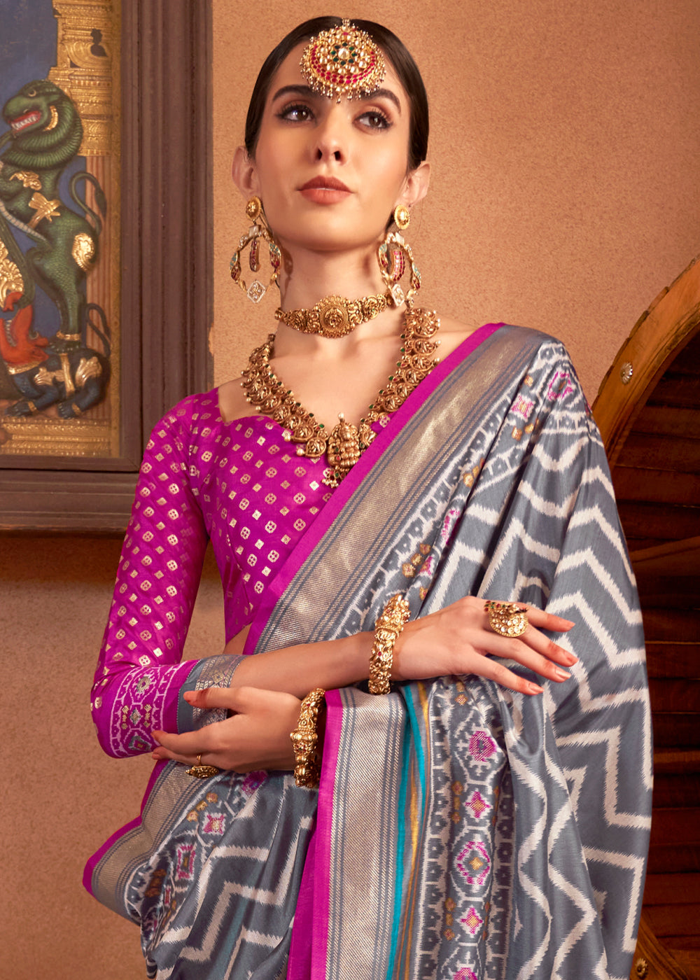 Steel Grey Patola Printed Silk Saree with Contrast Blouse, elegant traditional Indian attire for women