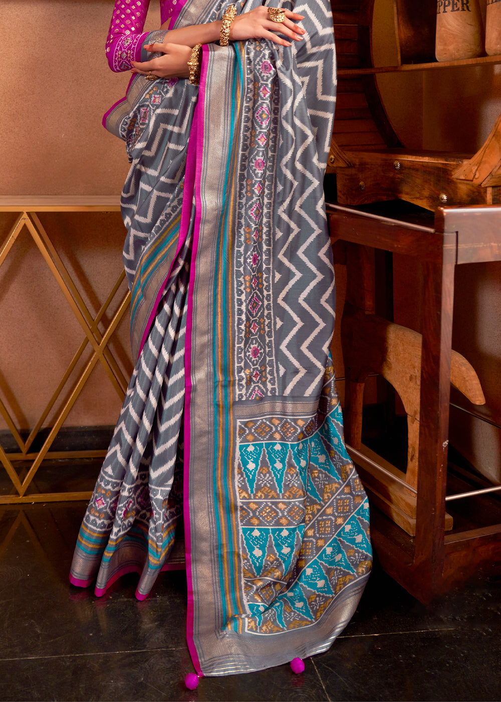 Steel Grey Patola Printed Silk Saree with Contrast Blouse, a stunning and versatile attire for women of all ages and styles