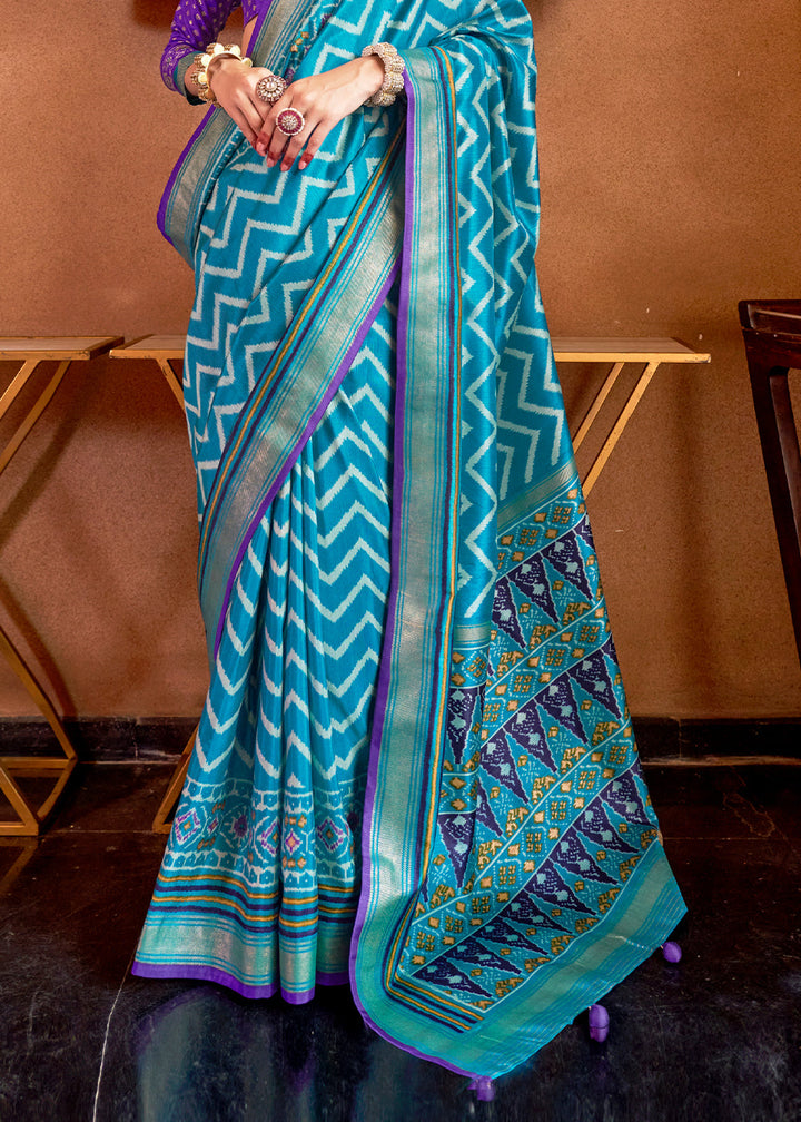 Cerulean Blue Patola Printed Silk Saree with Contrast Blouse