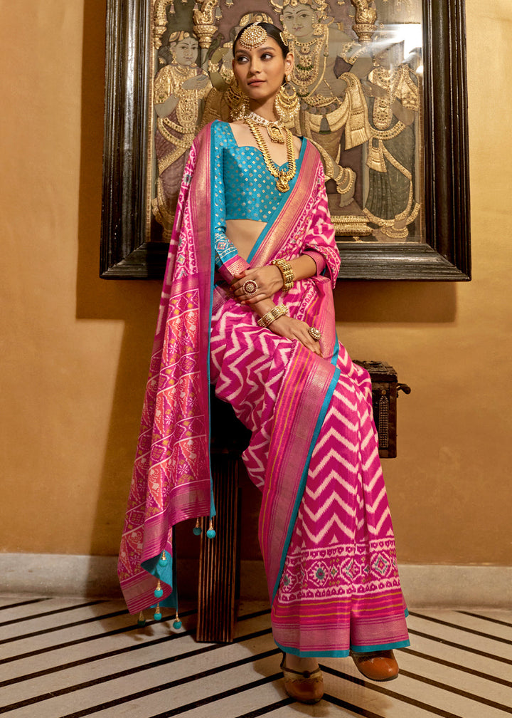 Beautiful magenta pink patola printed silk saree with contrast blouse for women