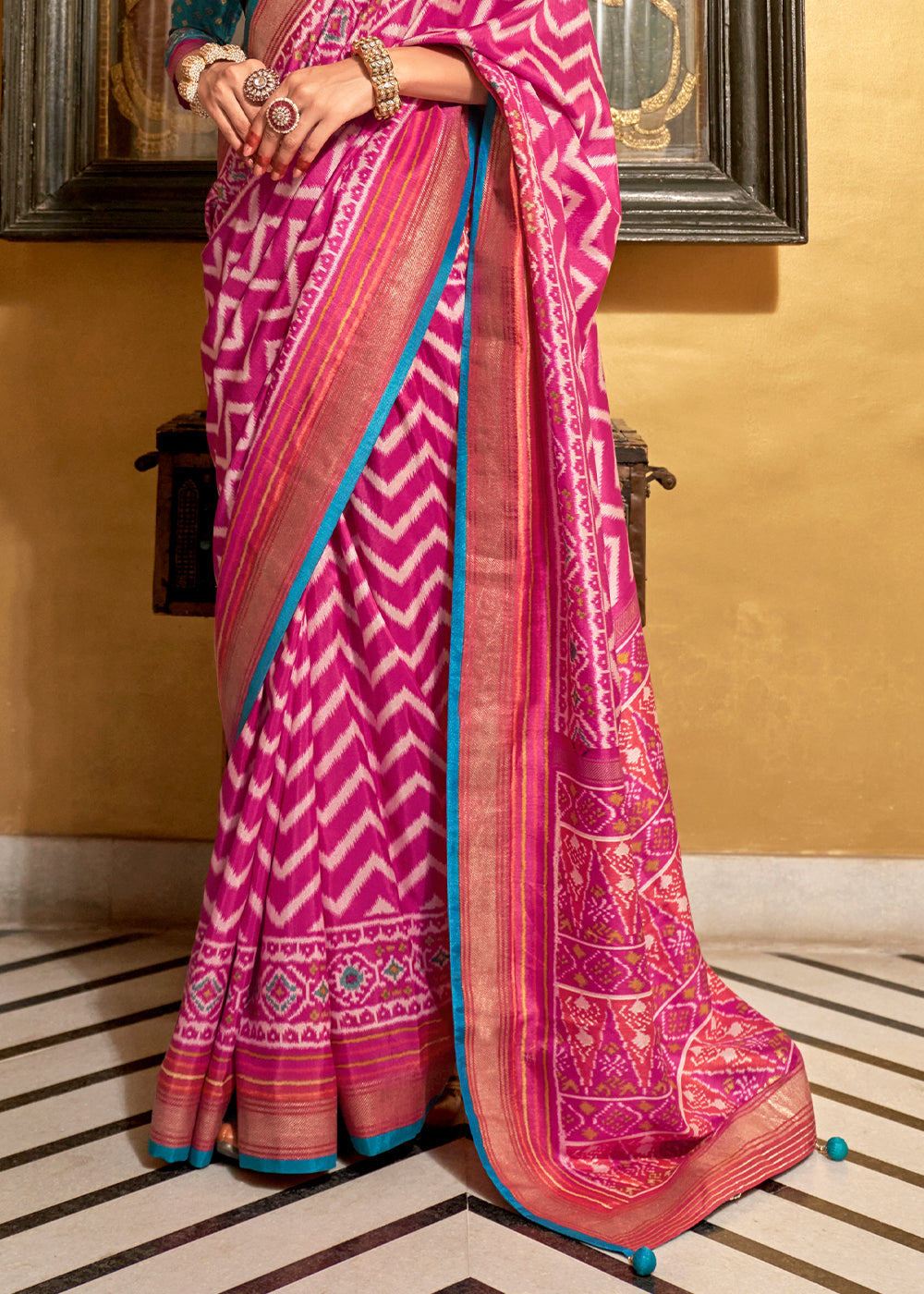 Elegant silk saree in magenta pink with contrasting blouse