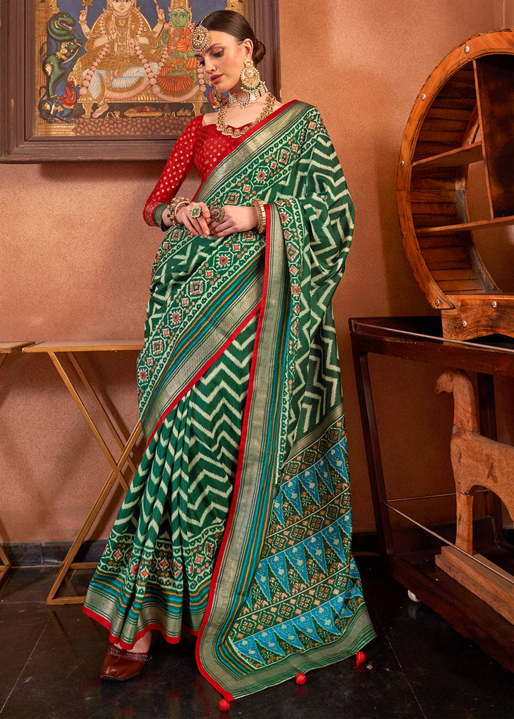 Dark Green Patola Printed Silk Saree with Contrast Blouse