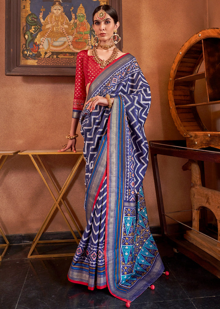 Admiral Blue Patola Printed Silk Saree with Contrast Blouse, perfect for special occasions and events, showcasing intricate design and vibrant color