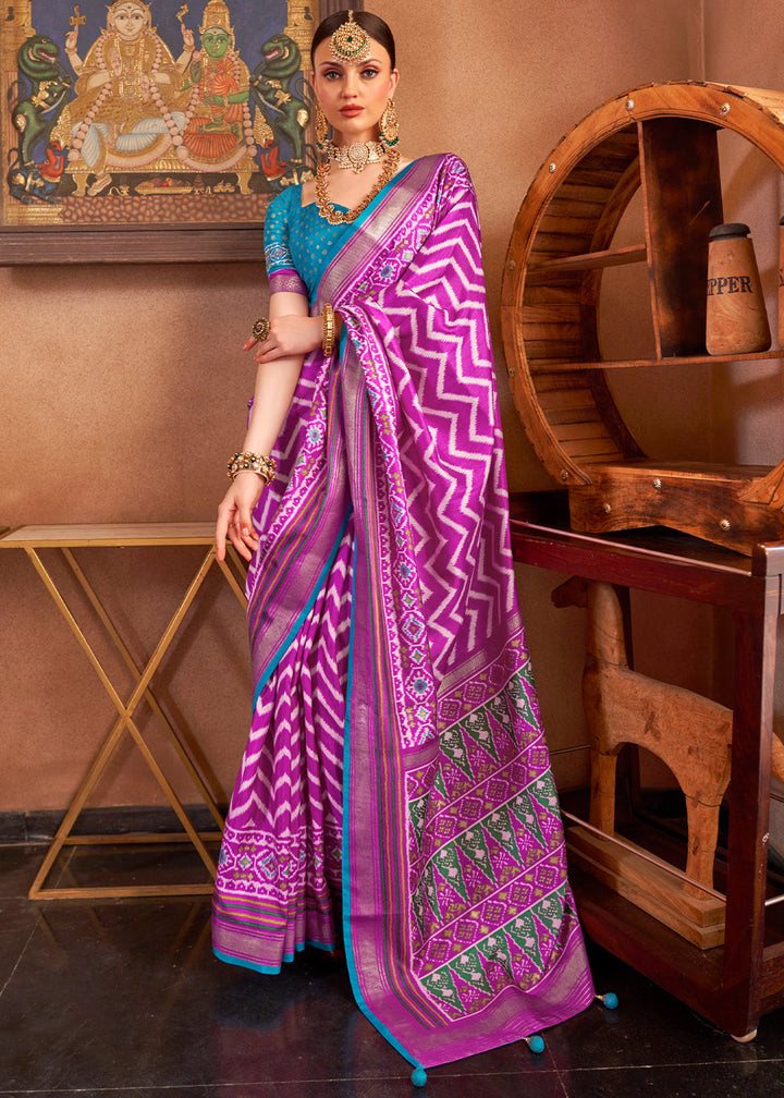 Fandango Purple Patola Printed Silk Saree with Contrast Blouse