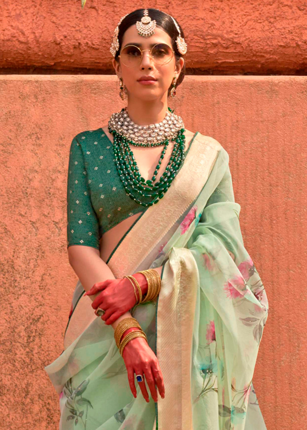 Exquisite Light Green Floral Printed Designer Organza Silk Saree featuring a stunning floral print and intricate details