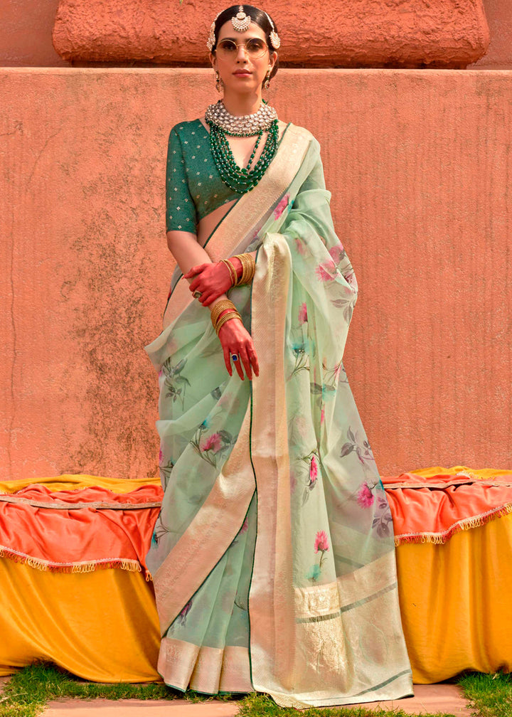 Light Green Floral Printed Designer Organza Silk Saree with intricate floral patterns and elegant design