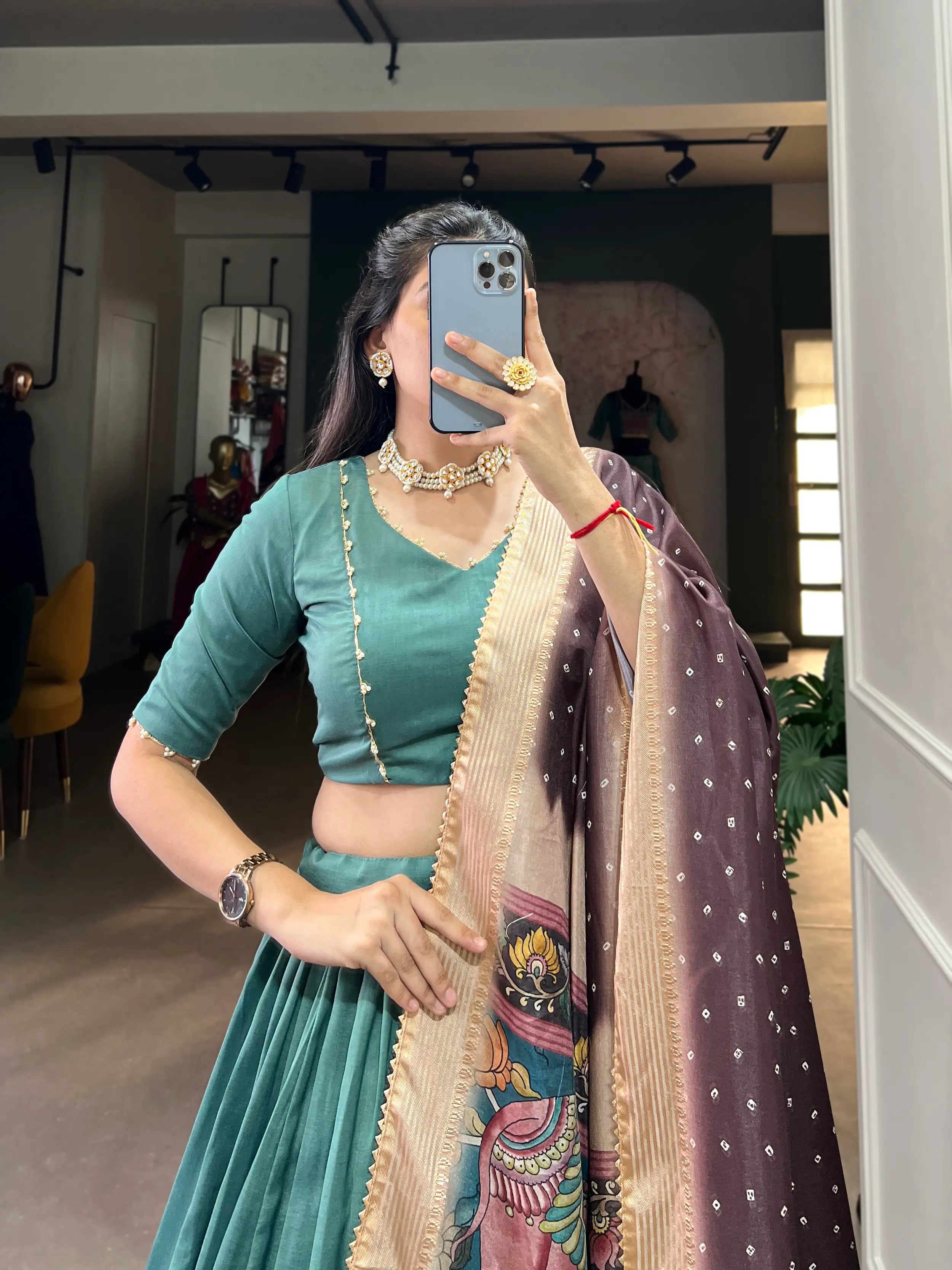 Sea Green Chinnon Silk Lehenga Choli | Ready To Wear - qivii