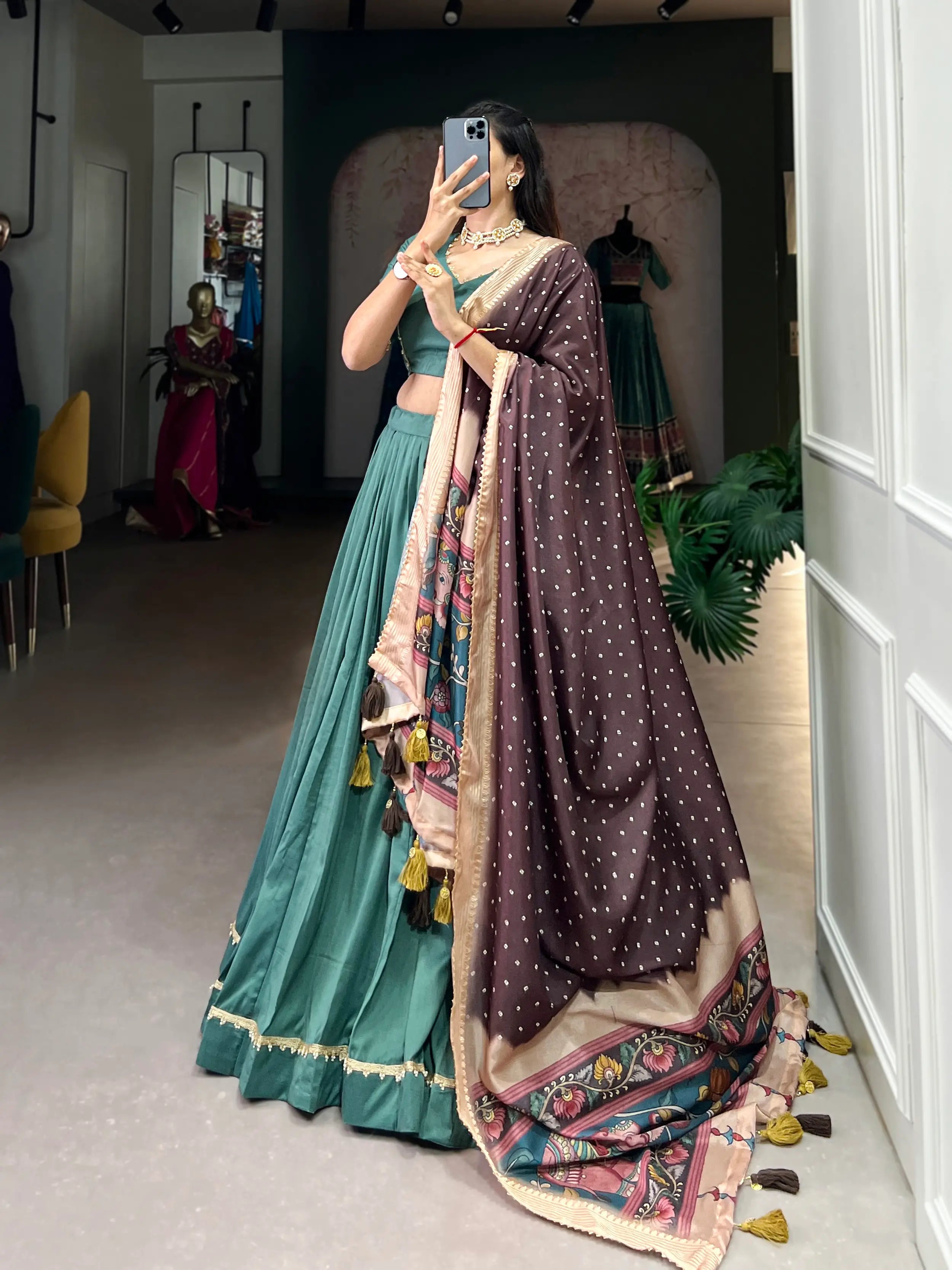 Sea Green Chinnon Silk Lehenga Choli | Ready To Wear - qivii