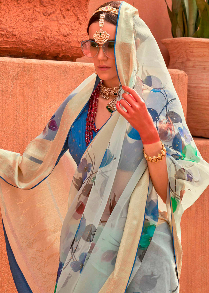  Beautiful powder blue saree with floral print and designer organza silk fabric