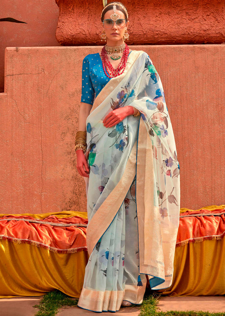 Powder blue floral printed designer organza silk saree with intricate detailing and elegant design