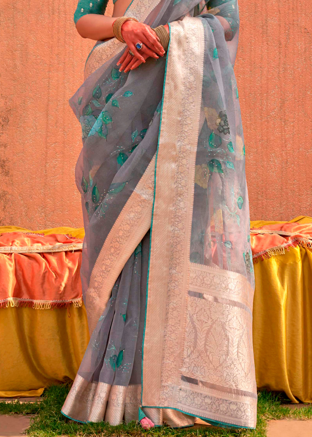 Beautiful light grey organza silk saree with intricate floral print design