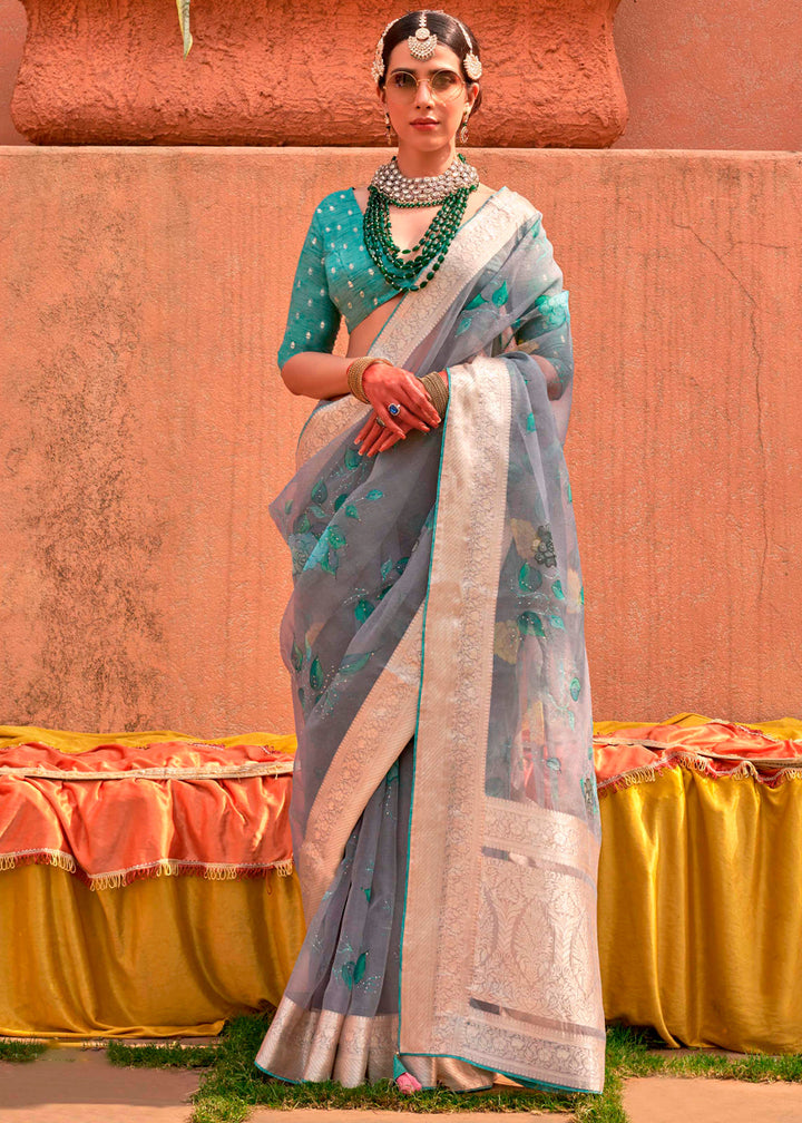 Light grey floral printed designer organza silk saree with intricate detailing