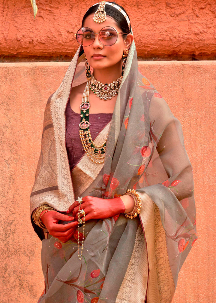 Greyish Brown Floral Printed Designer Organza Silk Saree with intricate floral patterns and elegant color palette