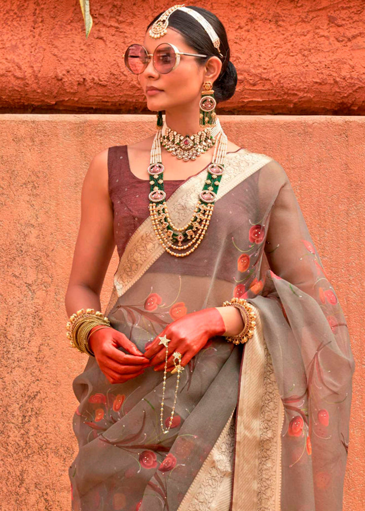 Beautifully designed Greyish Brown Floral Printed Designer Organza Silk Saree with a luxurious and intricate floral pattern